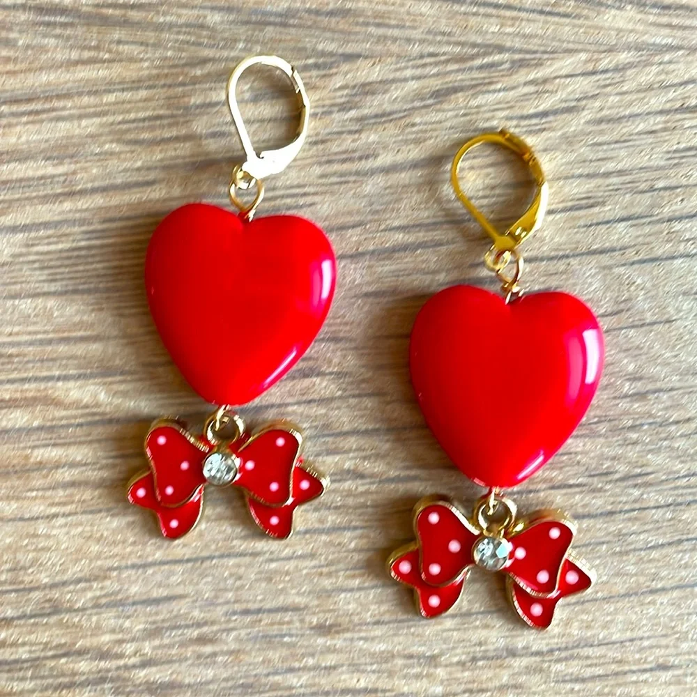 HAND CRAFTED WHIMSICAL RED VALENTINE HEARTS PIERCED EARRINGS Red Gold